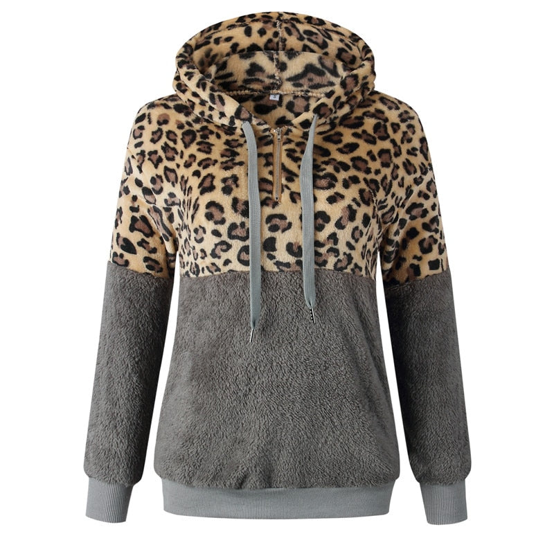 Casual Loose Plush Leopard Patchwork Hoodies Women Zipper Tops Long Sleeve Drawstring Hooded Warm Sweatshirt With Pockets Autumn