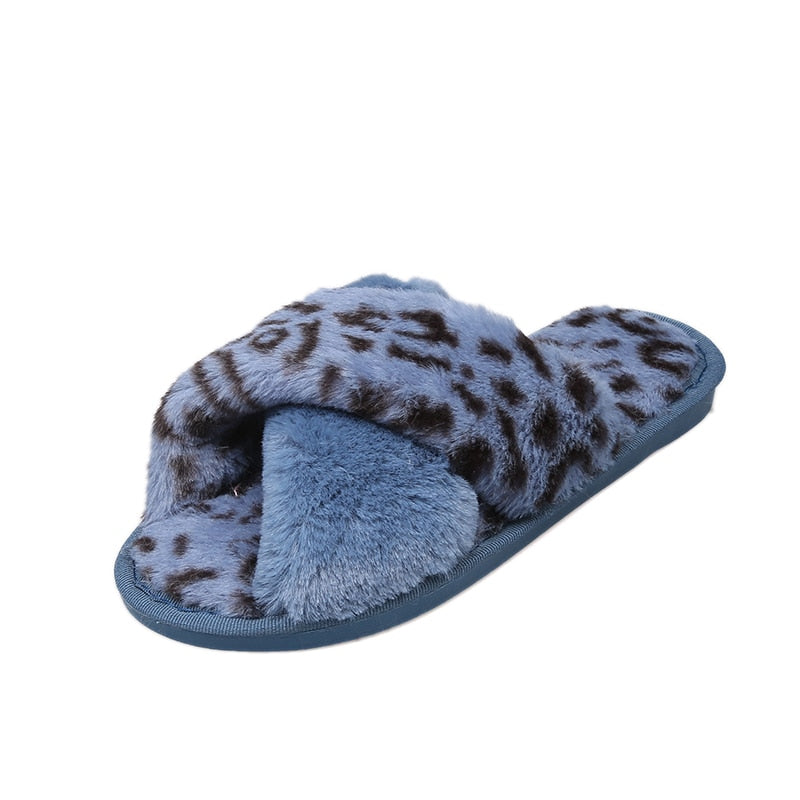 House Women Fur Slippers Indoor Leopard Print Furry Slides Fluffy Soft Plush Flats Non Slippers Home Casual Shoes Ladies Female