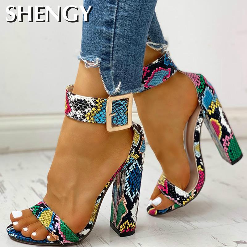 Summer Women Shoes Snakeskin Ankle Buckled Sandals Chunky Heeled Sandals Open Toe Leopard Party Shoes