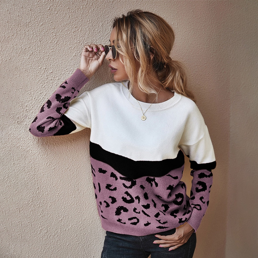 Ladies Leopard Patchwork Autumn Winter Sweater Women Tops Full Sleeve Knitted Jumper Pullovers Sweaters Female Pull Knitwear