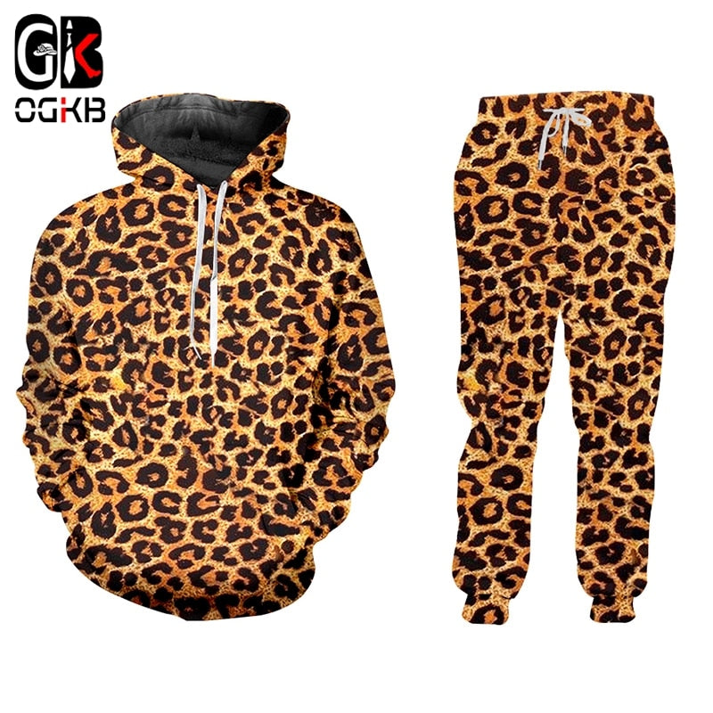 OGKB Selling Casual 2 Piece Suit New Animal 3D Printing Leopard Print Harajuku Hoodie And Jogging Pants Large Size Wholesale