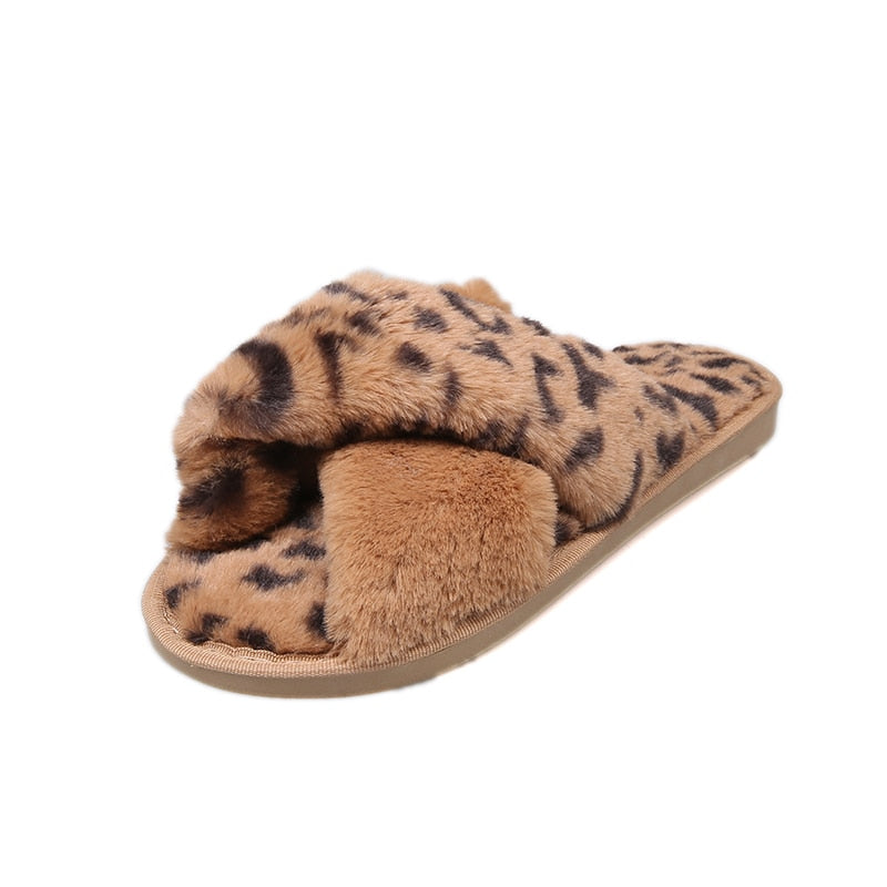 House Women Fur Slippers Indoor Leopard Print Furry Slides Fluffy Soft Plush Flats Non Slippers Home Casual Shoes Ladies Female