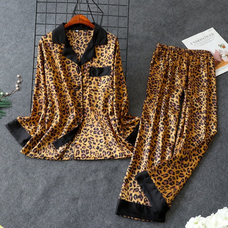 Leopard Pyjamas Women Long Sleeve 2 Pcs Suit Casual Silk Home Clothing Sleepwear