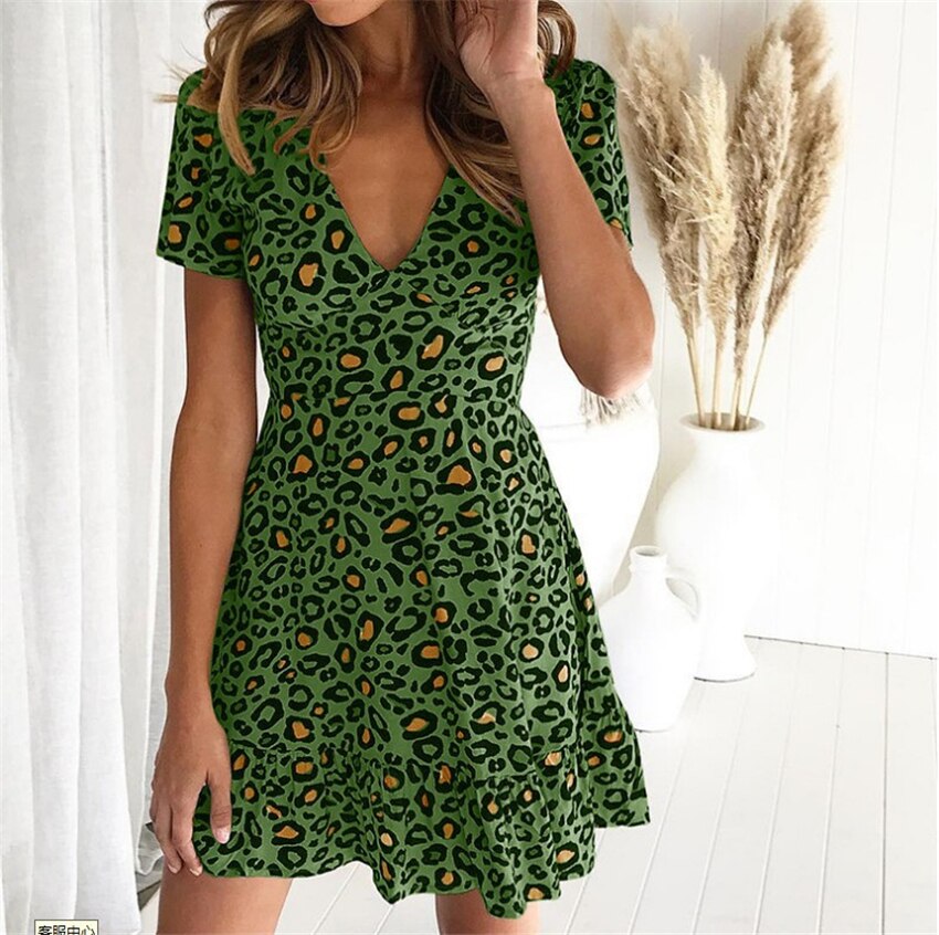 Leopard Dress Women V-neck Mini Dress 2022 Summer Dresses Casual Female Short Sleeve Dress Slim Fit Women Clothes Mini Dresses