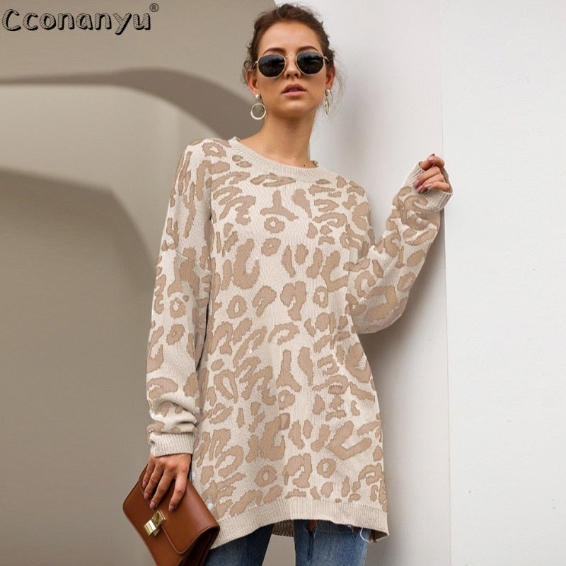 2019 Autumn winter clothing ladies long sweater fashion womens loose pullovers and sweaters leopard print knitted sweater