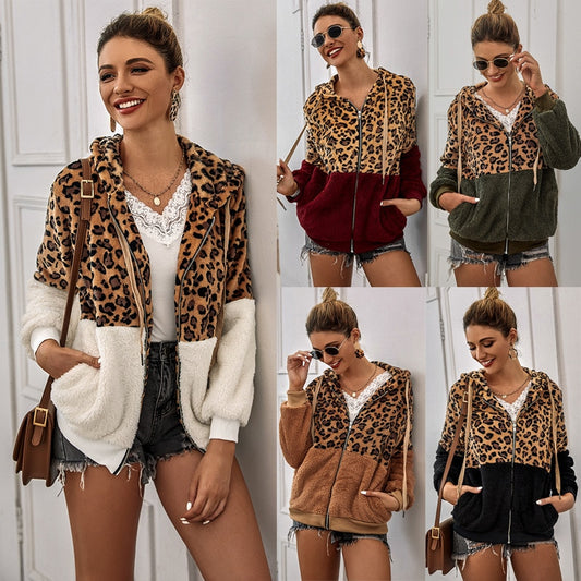 2021 New Leopard Patchwork Women Teddy Coat Autumn Hooded Fluffy Plush Winter Faux Fur Jacket Coat Women Coat Fur Sweater Hoodie