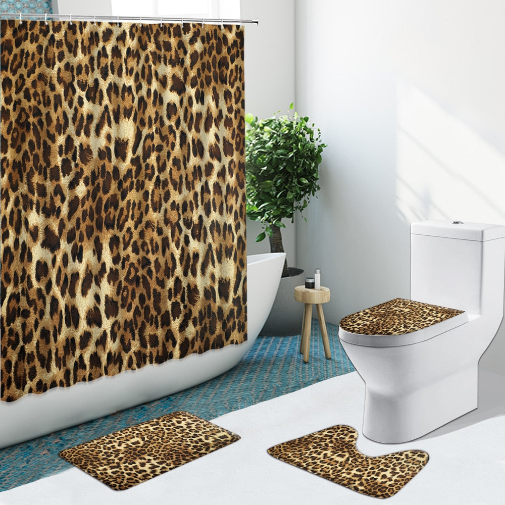 Leopard Pattern Shower Curtain Modern Cheetah Non-Slip Flannel Rug Toilet Cover Bathroom Set Bath Mat Home Indoor Decor Washable