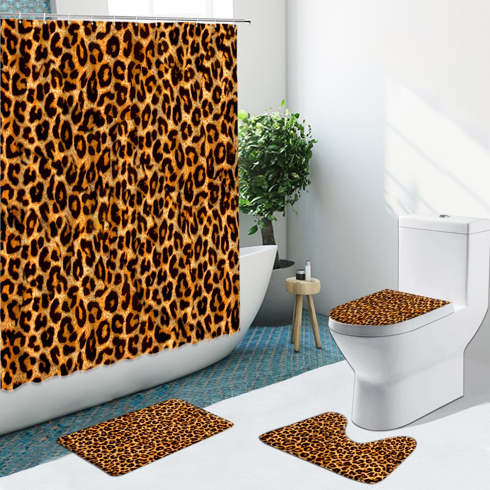 Leopard Pattern Shower Curtain Modern Cheetah Non-Slip Flannel Rug Toilet Cover Bathroom Set Bath Mat Home Indoor Decor Washable