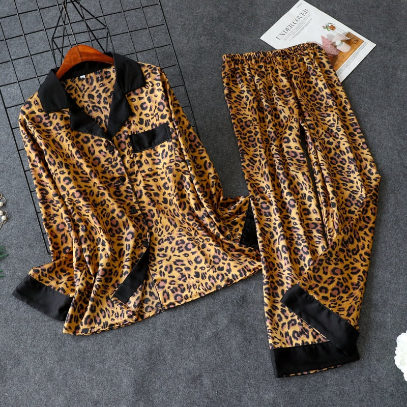 Leopard Pyjamas Women Long Sleeve 2 Pcs Suit Casual Silk Home Clothing Sleepwear