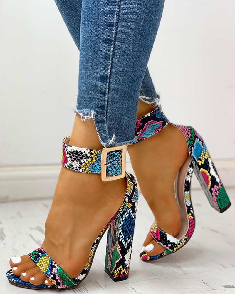 Summer Women Shoes Snakeskin Ankle Buckled Sandals Chunky Heeled Sandals Open Toe Leopard Party Shoes