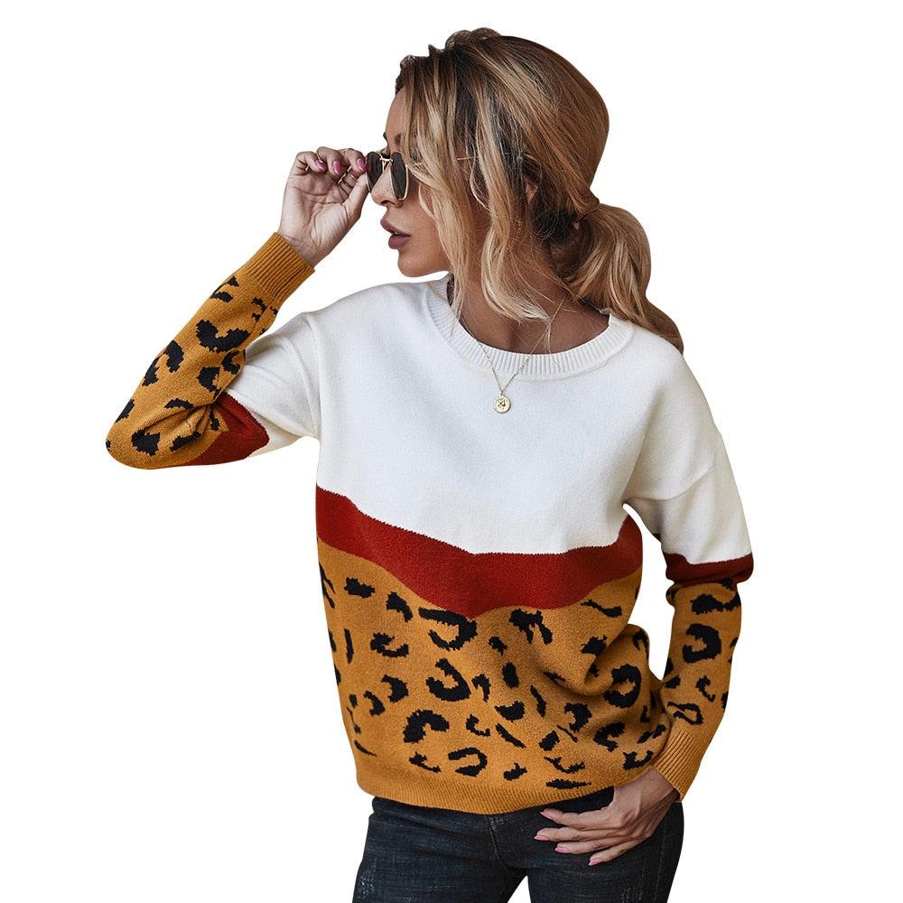 Ladies Leopard Patchwork Autumn Winter Sweater Women Tops Full Sleeve Knitted Jumper Pullovers Sweaters Female Pull Knitwear