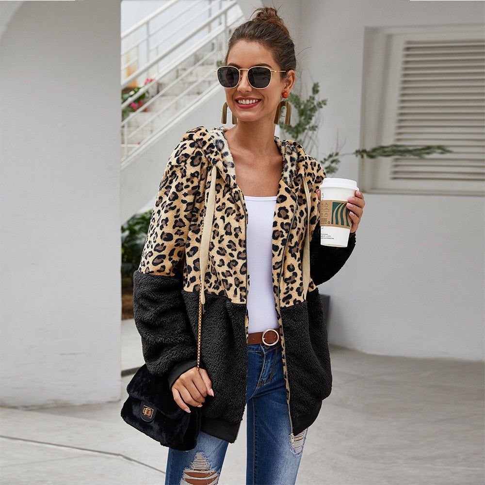 Autumn Winter Leopard Sweatshirts Women 2020 Long Sleeve Hooded Hoodies Casual Zipper Hoodie Top Warm Coat Polerones Mujer