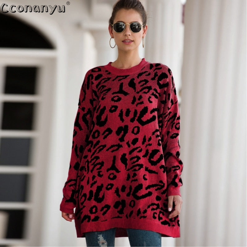 2019 Autumn winter clothing ladies long sweater fashion womens loose pullovers and sweaters leopard print knitted sweater