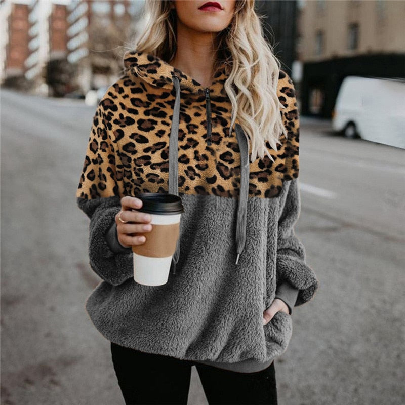 Casual Loose Plush Leopard Patchwork Hoodies Women Zipper Tops Long Sleeve Drawstring Hooded Warm Sweatshirt With Pockets Autumn