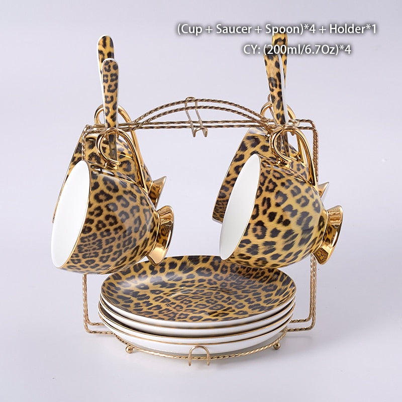 Leopard Print Bone China Coffee Set Luxury Porcelain Tea Set Pot Cup Ceramic Mug Sugar Bowl Creamer Teapot Drinkware Coffeeware