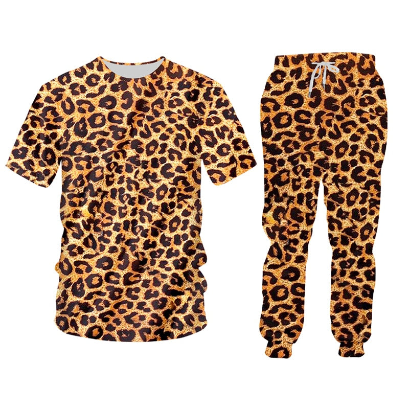 OGKB Selling Casual 2 Piece Suit New Animal 3D Printing Leopard Print Harajuku Hoodie And Jogging Pants Large Size Wholesale