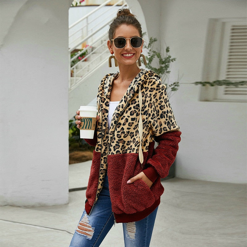 Autumn Winter Leopard Sweatshirts Women 2020 Long Sleeve Hooded Hoodies Casual Zipper Hoodie Top Warm Coat Polerones Mujer