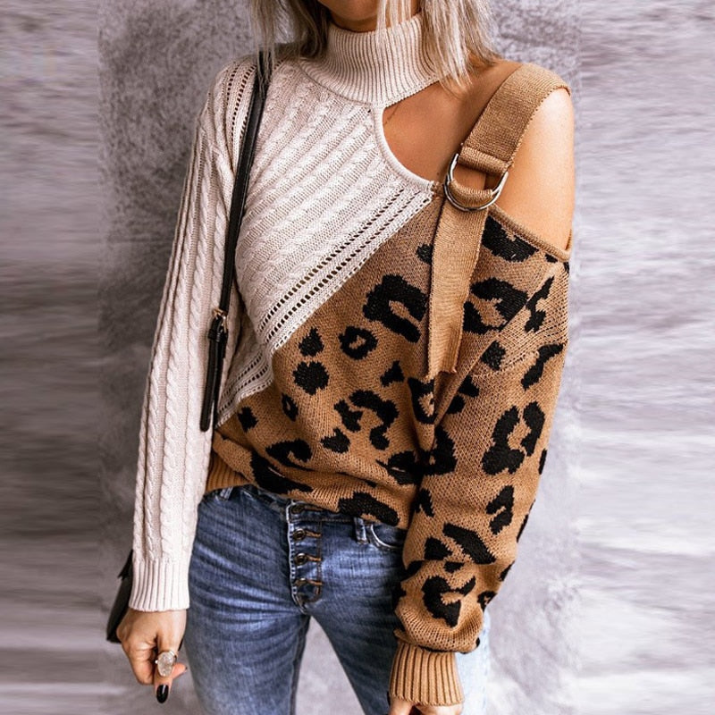 Women Turtleneck Tops Sexy One Off Shoulder Women Pullover Tops Knitted Leopard Sweater Jumper Pull Streetwear Hollow Out Tops