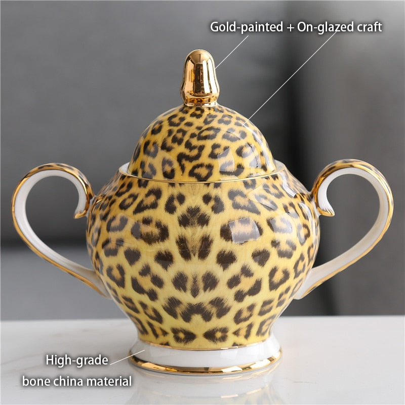 Leopard Print Bone China Coffee Set Luxury Porcelain Tea Set Pot Cup Ceramic Mug Sugar Bowl Creamer Teapot Drinkware Coffeeware