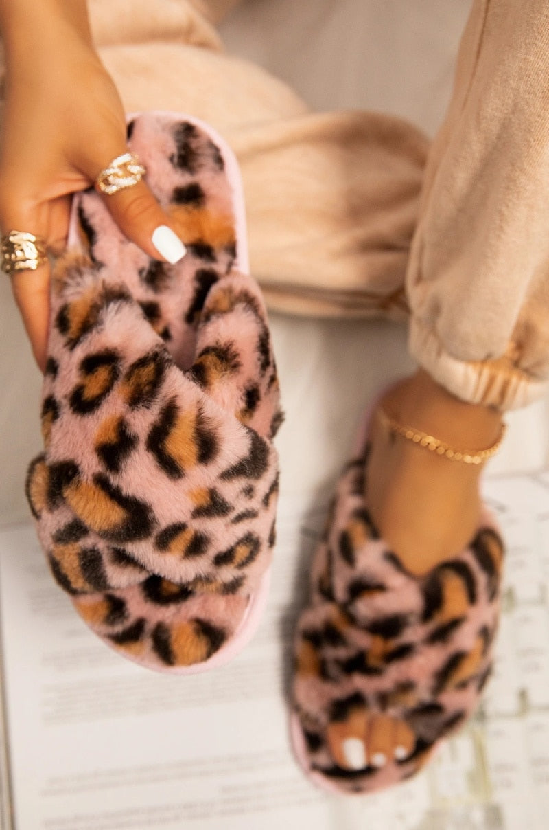 House Women Fur Slippers Indoor Leopard Print Furry Slides Fluffy Soft Plush Flats Non Slippers Home Casual Shoes Ladies Female