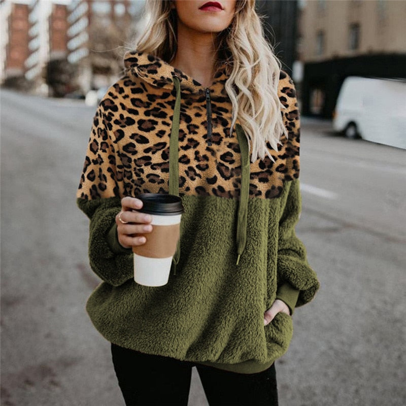 Casual Loose Plush Leopard Patchwork Hoodies Women Zipper Tops Long Sleeve Drawstring Hooded Warm Sweatshirt With Pockets Autumn