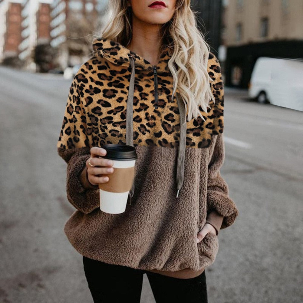 Casual Loose Plush Leopard Patchwork Hoodies Women Zipper Tops Long Sleeve Drawstring Hooded Warm Sweatshirt With Pockets Autumn