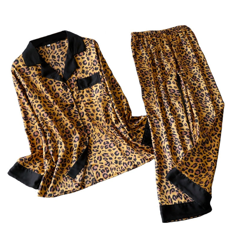 Leopard Pyjamas Women Long Sleeve 2 Pcs Suit Casual Silk Home Clothing Sleepwear