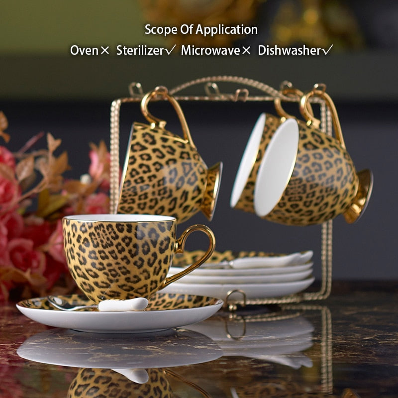 Leopard Print Bone China Coffee Set Luxury Porcelain Tea Set Pot Cup Ceramic Mug Sugar Bowl Creamer Teapot Drinkware Coffeeware