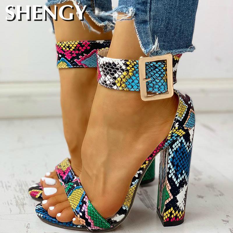 Summer Women Shoes Snakeskin Ankle Buckled Sandals Chunky Heeled Sandals Open Toe Leopard Party Shoes