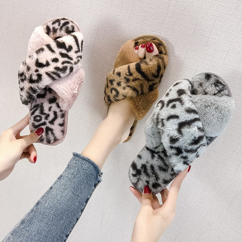 House Women Fur Slippers Indoor Leopard Print Furry Slides Fluffy Soft Plush Flats Non Slippers Home Casual Shoes Ladies Female