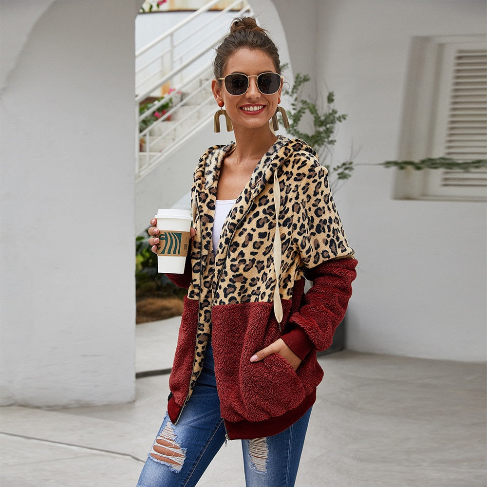 Autumn Winter Leopard Sweatshirts Women 2020 Long Sleeve Hooded Hoodies Casual Zipper Hoodie Top Warm Coat Polerones Mujer