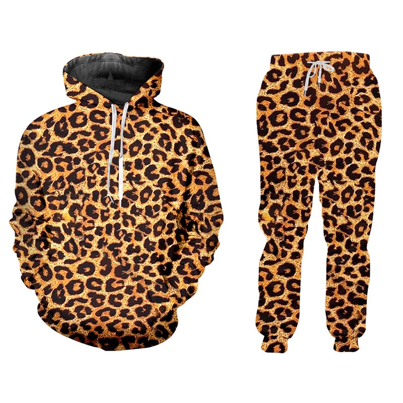 OGKB Selling Casual 2 Piece Suit New Animal 3D Printing Leopard Print Harajuku Hoodie And Jogging Pants Large Size Wholesale