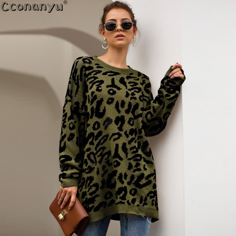 2019 Autumn winter clothing ladies long sweater fashion womens loose pullovers and sweaters leopard print knitted sweater