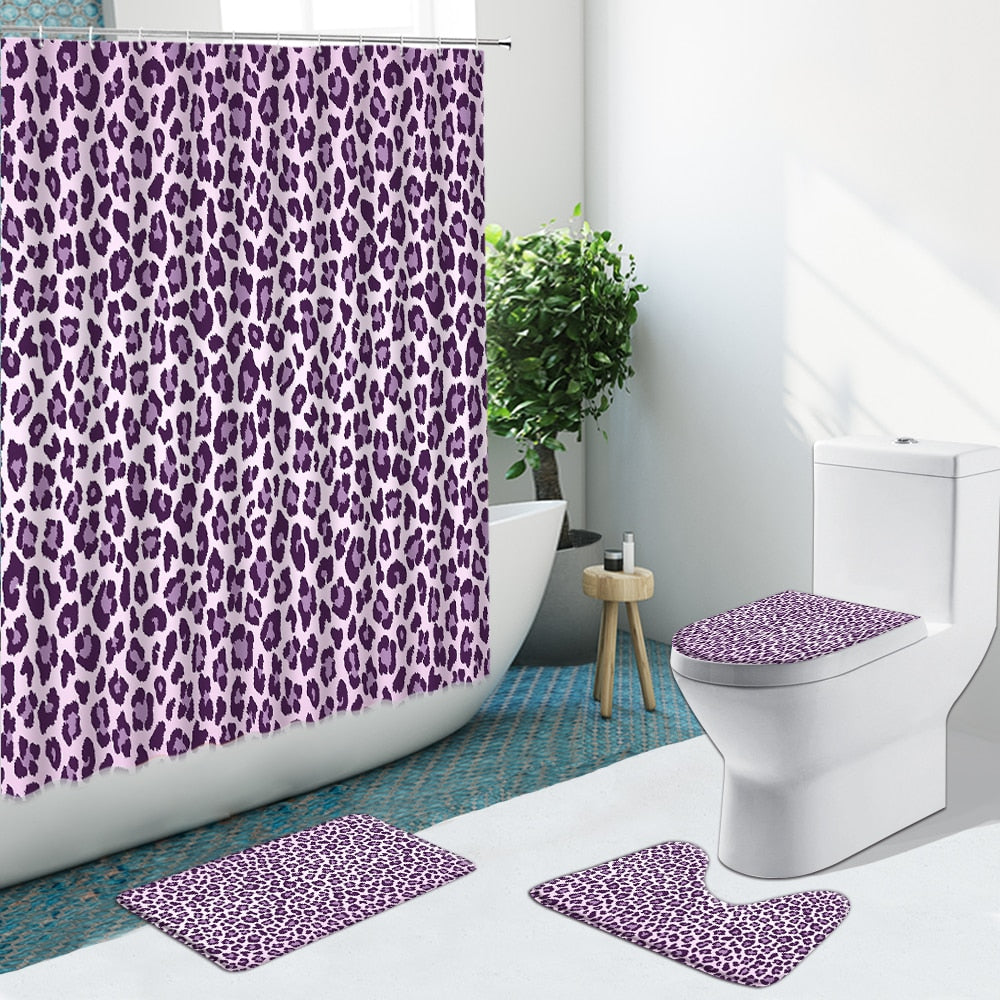 Leopard Pattern Shower Curtain Modern Cheetah Non-Slip Flannel Rug Toilet Cover Bathroom Set Bath Mat Home Indoor Decor Washable