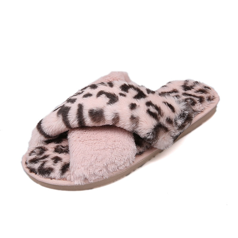 House Women Fur Slippers Indoor Leopard Print Furry Slides Fluffy Soft Plush Flats Non Slippers Home Casual Shoes Ladies Female