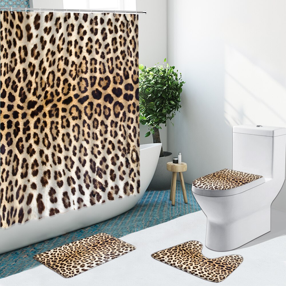 Leopard Pattern Shower Curtain Modern Cheetah Non-Slip Flannel Rug Toilet Cover Bathroom Set Bath Mat Home Indoor Decor Washable