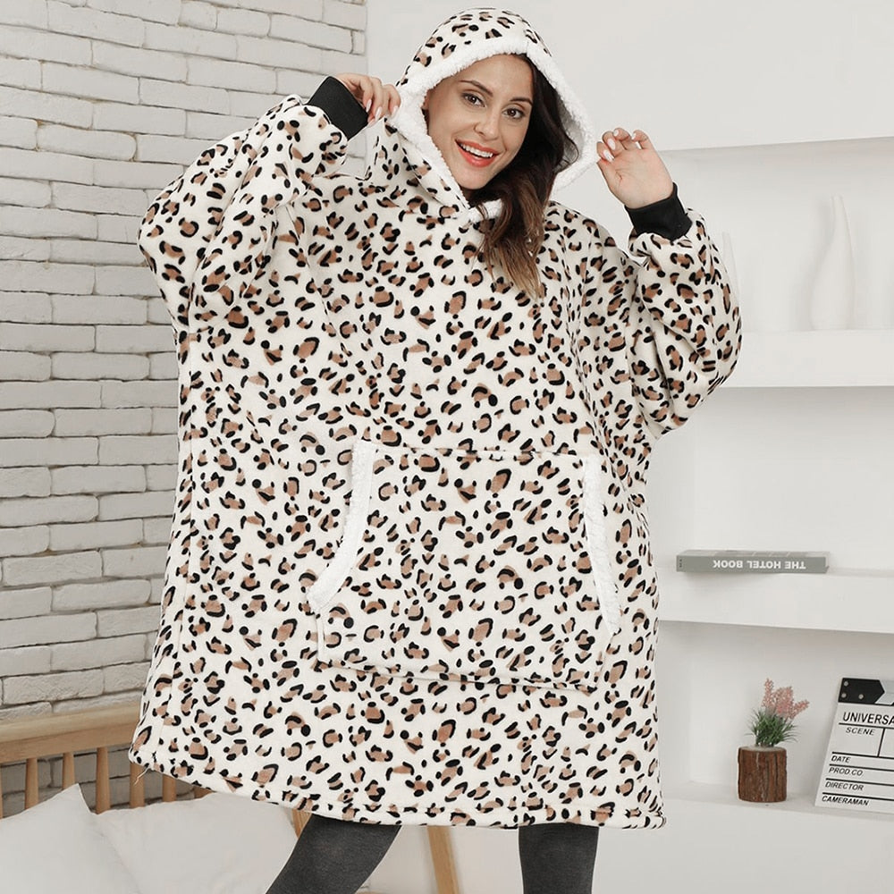 Leopard Fleece Hoodie Sweatshirt Women Oversized Hoodie Blanket With Sleeves and Pocket Oversize Pullover Sudaderas