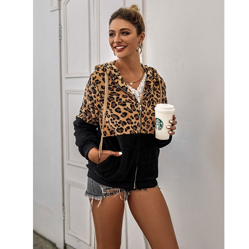 2021 New Leopard Patchwork Women Teddy Coat Autumn Hooded Fluffy Plush Winter Faux Fur Jacket Coat Women Coat Fur Sweater Hoodie