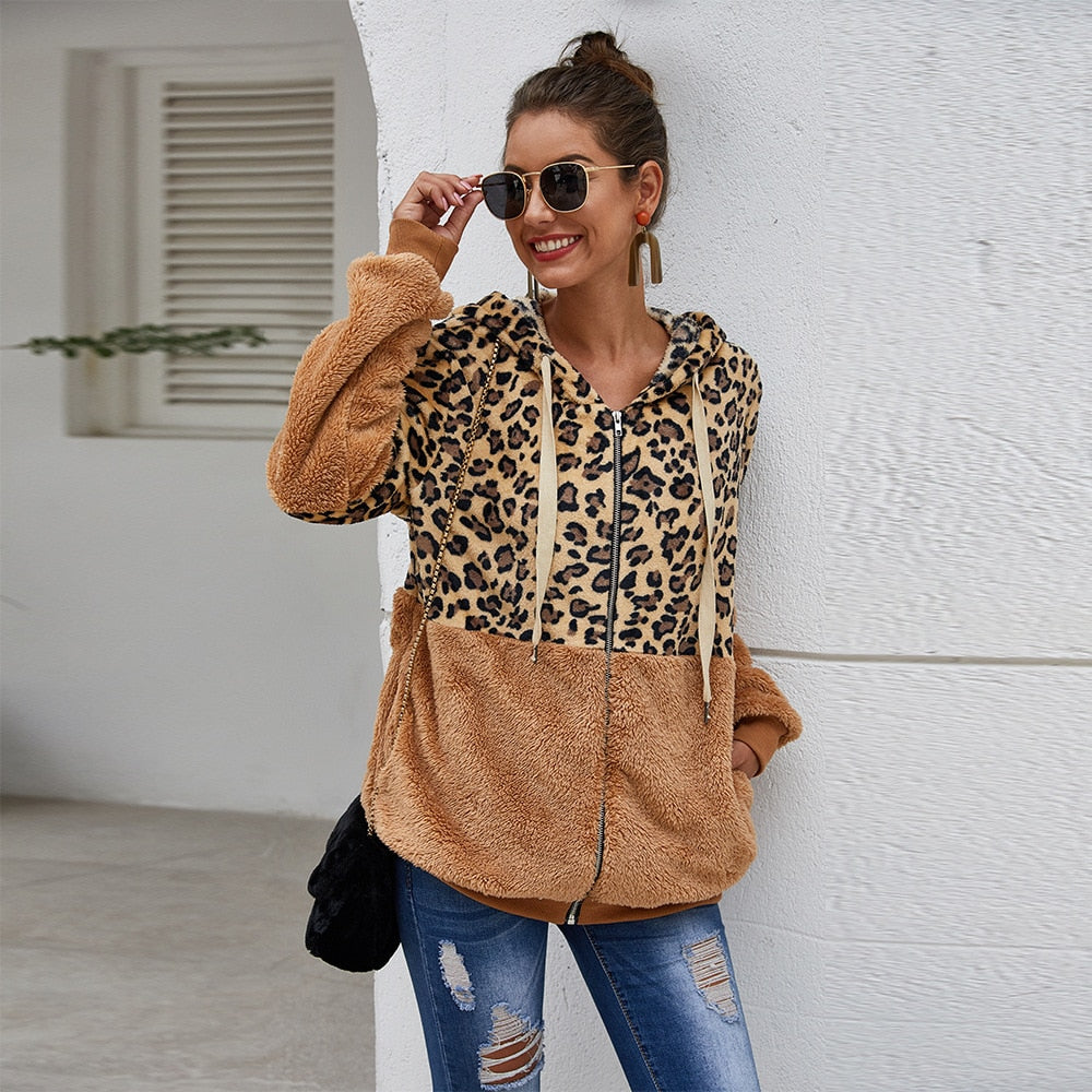 Autumn Winter Leopard Sweatshirts Women 2020 Long Sleeve Hooded Hoodies Casual Zipper Hoodie Top Warm Coat Polerones Mujer