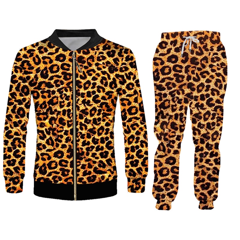 OGKB Selling Casual 2 Piece Suit New Animal 3D Printing Leopard Print Harajuku Hoodie And Jogging Pants Large Size Wholesale