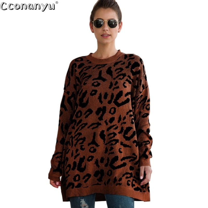 2019 Autumn winter clothing ladies long sweater fashion womens loose pullovers and sweaters leopard print knitted sweater