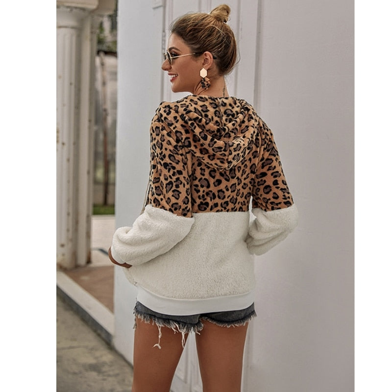 2021 New Leopard Patchwork Women Teddy Coat Autumn Hooded Fluffy Plush Winter Faux Fur Jacket Coat Women Coat Fur Sweater Hoodie