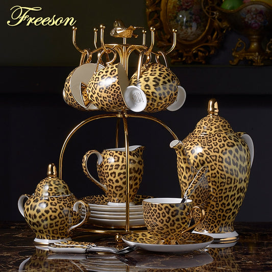 Leopard Print Bone China Coffee Set Luxury Porcelain Tea Set Pot Cup Ceramic Mug Sugar Bowl Creamer Teapot Drinkware Coffeeware