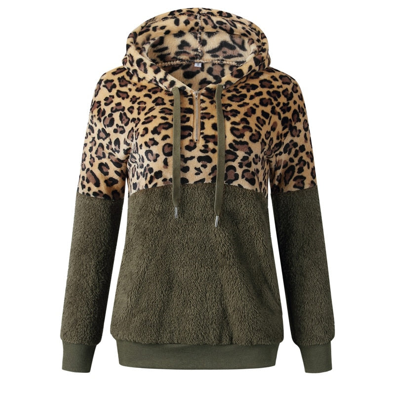 Casual Loose Plush Leopard Patchwork Hoodies Women Zipper Tops Long Sleeve Drawstring Hooded Warm Sweatshirt With Pockets Autumn