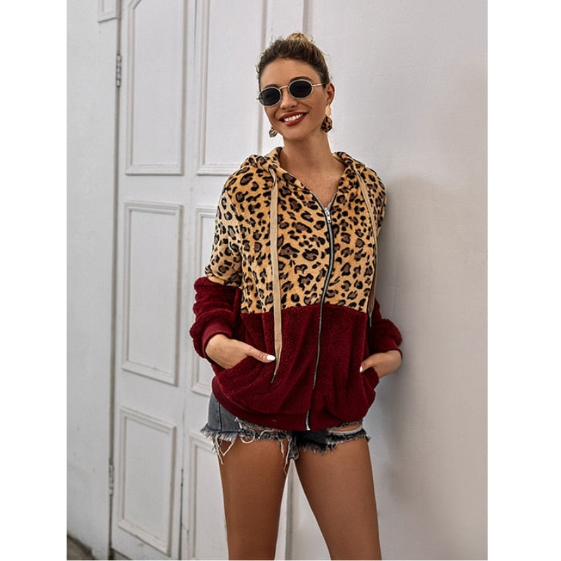 2021 New Leopard Patchwork Women Teddy Coat Autumn Hooded Fluffy Plush Winter Faux Fur Jacket Coat Women Coat Fur Sweater Hoodie