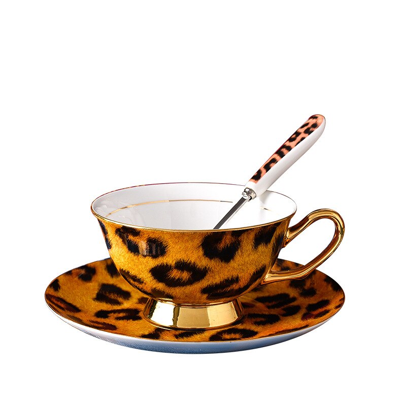 Leopard Print Chip Mugs with Sauce Spoon Ceramic Mug Drinkware Tea Set Bone China Fashion Gift DEC602