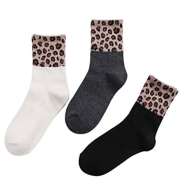 3 Pairs Leopard Print Cotton Socks Women Winter Warm Long Socks Harajuku Brand Luxury Kawaii Sports Street Apparel Korea Style