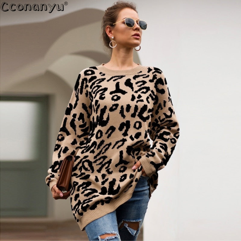 2019 Autumn winter clothing ladies long sweater fashion womens loose pullovers and sweaters leopard print knitted sweater