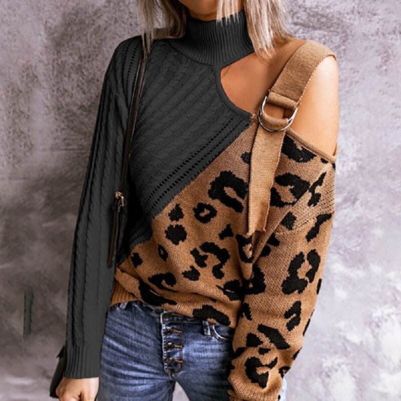 Women Turtleneck Tops Sexy One Off Shoulder Women Pullover Tops Knitted Leopard Sweater Jumper Pull Streetwear Hollow Out Tops