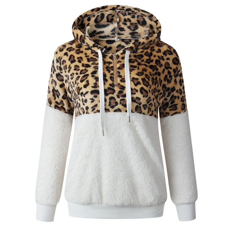 Casual Loose Plush Leopard Patchwork Hoodies Women Zipper Tops Long Sleeve Drawstring Hooded Warm Sweatshirt With Pockets Autumn